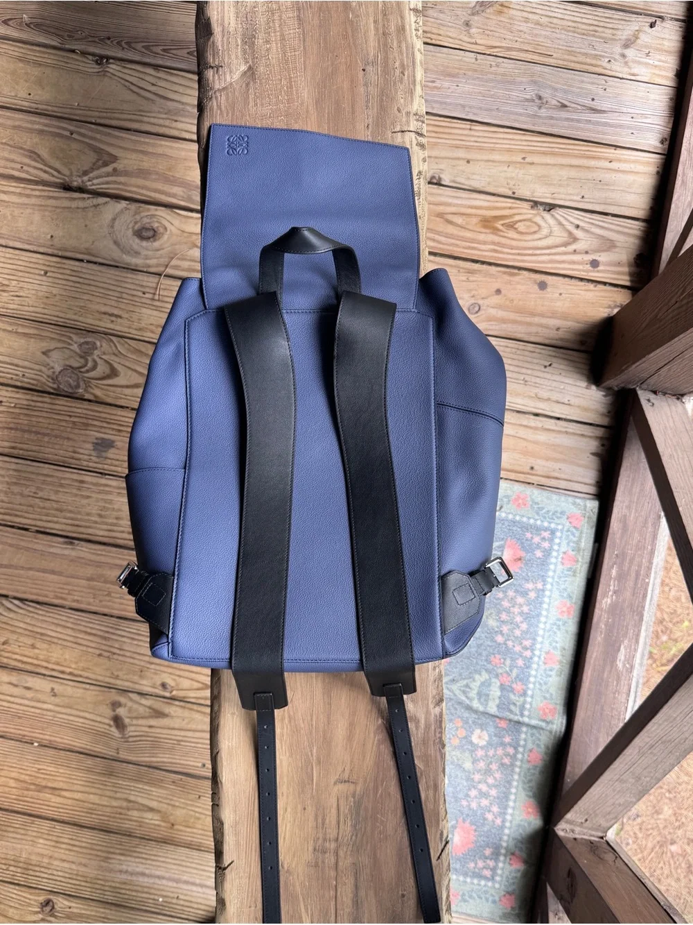 Loewe Navy Pebbled Leather Drawstring Backpack with Black Straps
